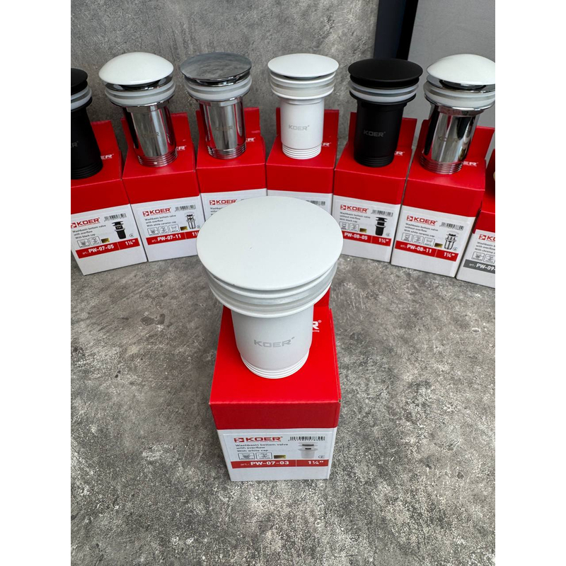 Донный клапан для раковины Koer PW-07-03 1 1/4'' с переливом автоматический СLICK-СLACK (Цвет белый) (KR5783)
