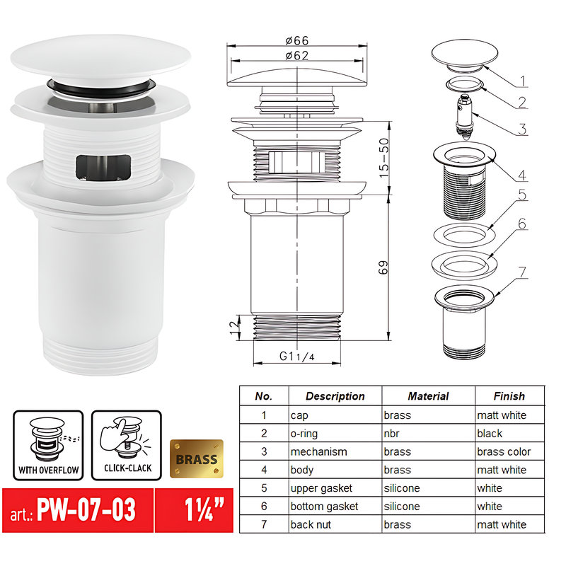 Донный клапан для раковины Koer PW-07-03 1 1/4'' с переливом автоматический СLICK-СLACK (Цвет белый) (KR5783)