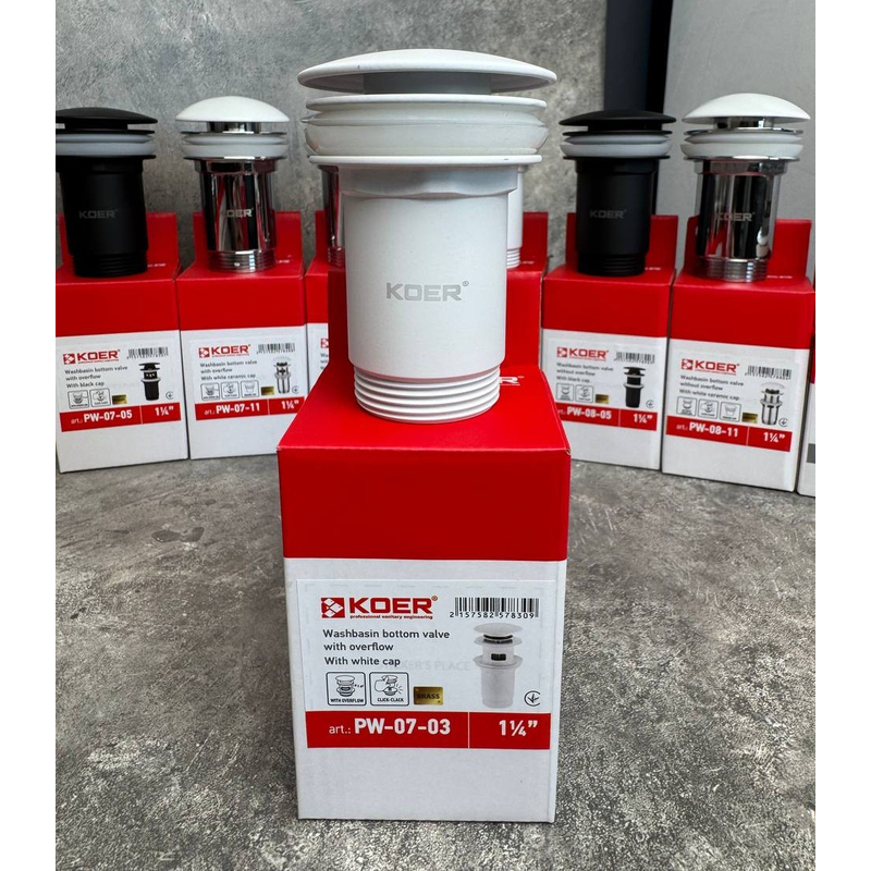Донный клапан для раковины Koer PW-07-03 1 1/4'' с переливом автоматический СLICK-СLACK (Цвет белый) (KR5783)