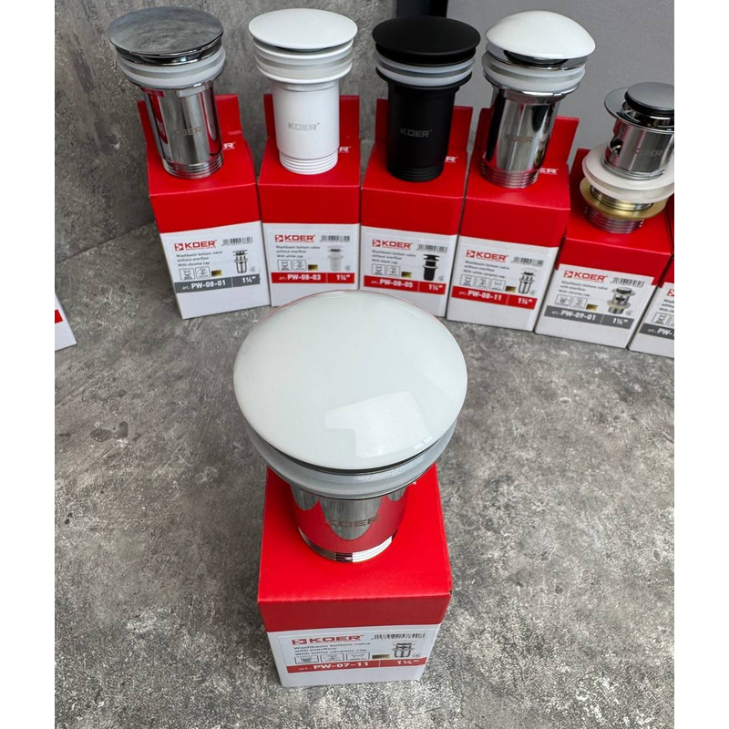 Донный клапан для раковины Koer PW-07-11 1 1/4'' с переливом автоматический СLICK-СLACK (Белая керам.накл.) (KR5784)