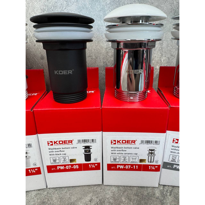Донный клапан для раковины Koer PW-07-11 1 1/4'' с переливом автоматический СLICK-СLACK (Белая керам.накл.) (KR5784)
