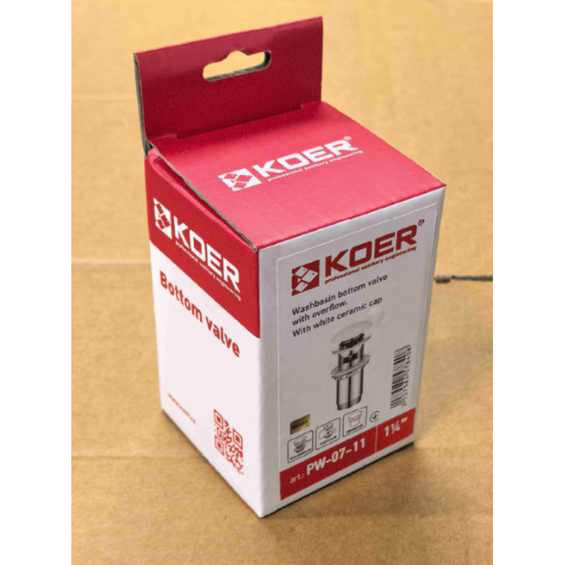 Донный клапан для раковины Koer PW-07-11 1 1/4'' с переливом автоматический СLICK-СLACK (Белая керам.накл.) (KR5784)