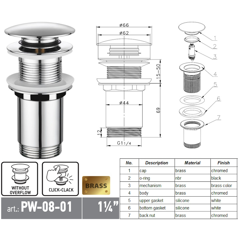 Донный клапан для раковины Koer PW-08-01 1 1/4'' без перелива автоматический СLICK-СLACK (Цвет хром) (KR5786)