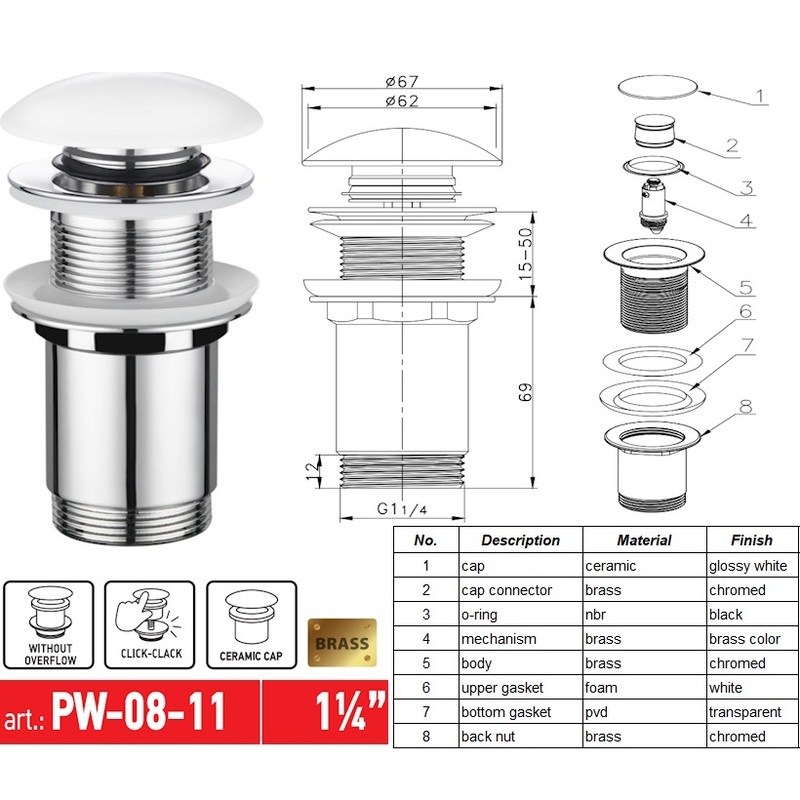 Донный клапан для раковины Koer PW-08-11 1 1/4'' без перелива автоматический СLICK-СLACK (Белая керам.накл) (KR5788)