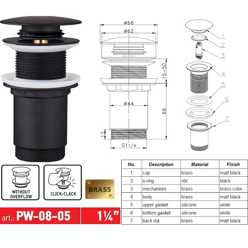 Донный клапан для раковины Koer PW-08-05 1 1/4'' без перелива автоматический СLICK-СLACK (Цвет черный) (KR5789)