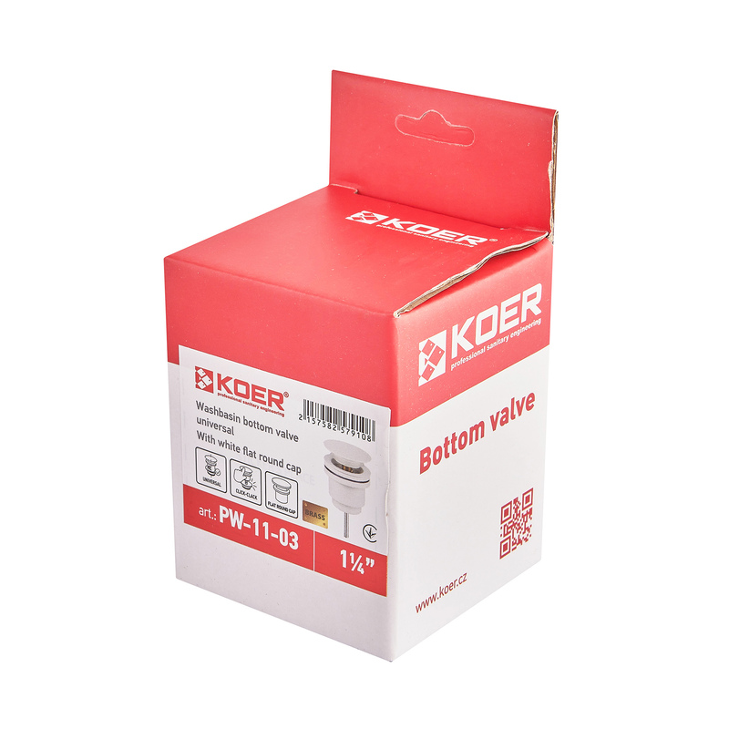 Донный клапан для раковины Koer PW-11-03 1 1/4'' универсальный (с/без перл) СLICK-СLACK (Цвет белый) (KR5791)