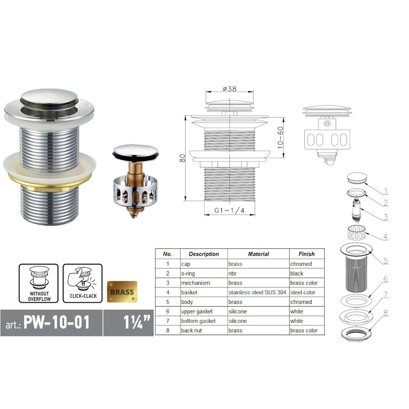 Донный клапан для раковины Koer PW-10-01 1 1/4'' без перелива автоматический СLICK-СLACK (Цвет хром) (KR5797)