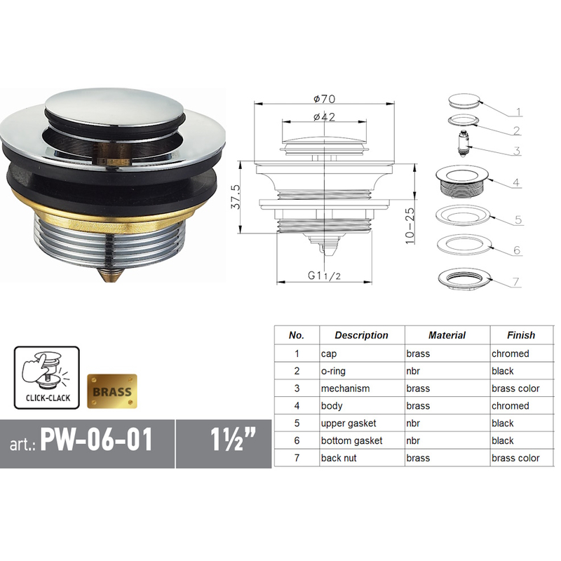 Донный клапан для ванны Koer PW-06-01 1 1/2'' автоматический СLICK-СLACK (Цвет хром) (KR5799)