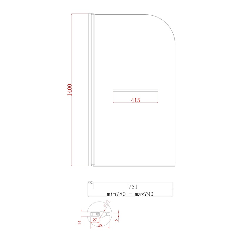 Шторки стеклянные на ванну распашные Koer SR BS02-80x140-TR-07 прозрачное стекло 6мм, графит (KR5941)