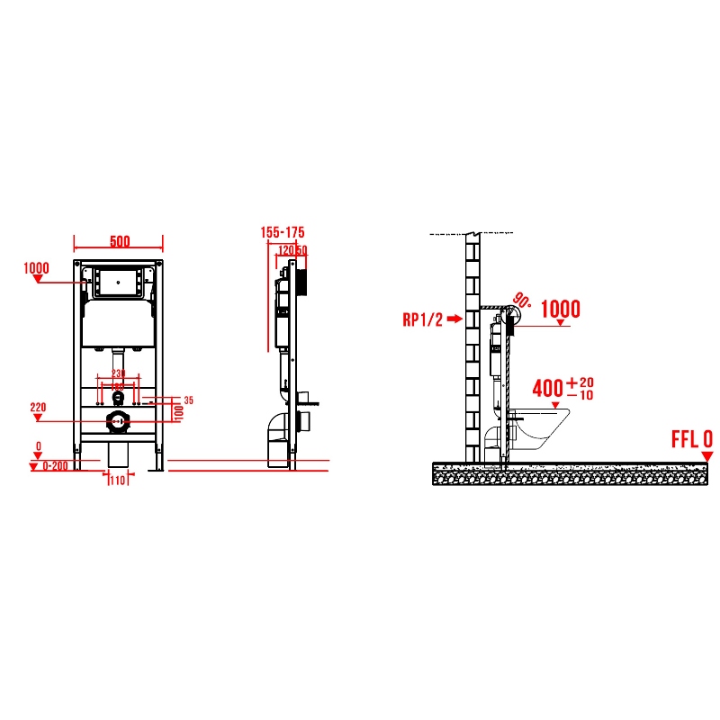 Инсталляция для подвесного унитаза Koer KT-0408 500x165x1125mm (без панели смыва) (KR6119)