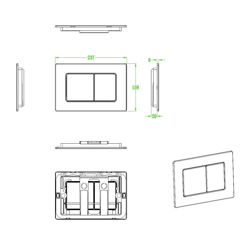 Панель змиву Koer KT-0612-07 240x160x10mm з нержавіючої сталі, кнопка квадр. (колір графіт) (KR6122)