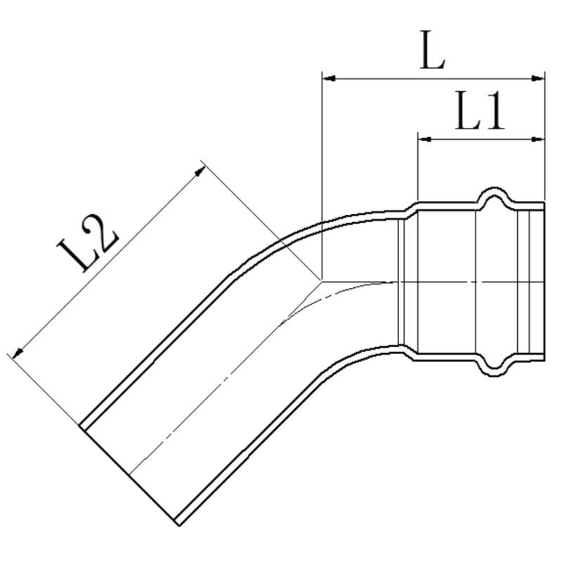Коліно 45° однорозтрубне ВЗ Koer KQ.B54 Press-Inox AISI 304 54x54 (KR6431)