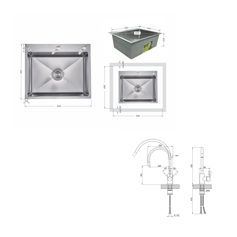 Акційний набір Lidz: мийка H6050H інтегрована Decor Honeycomb 2,5/0,5 мм LDH6050DEC48370 + Змішувач Aria для кухні з гнучким виливом (k35) Grey SD00057351