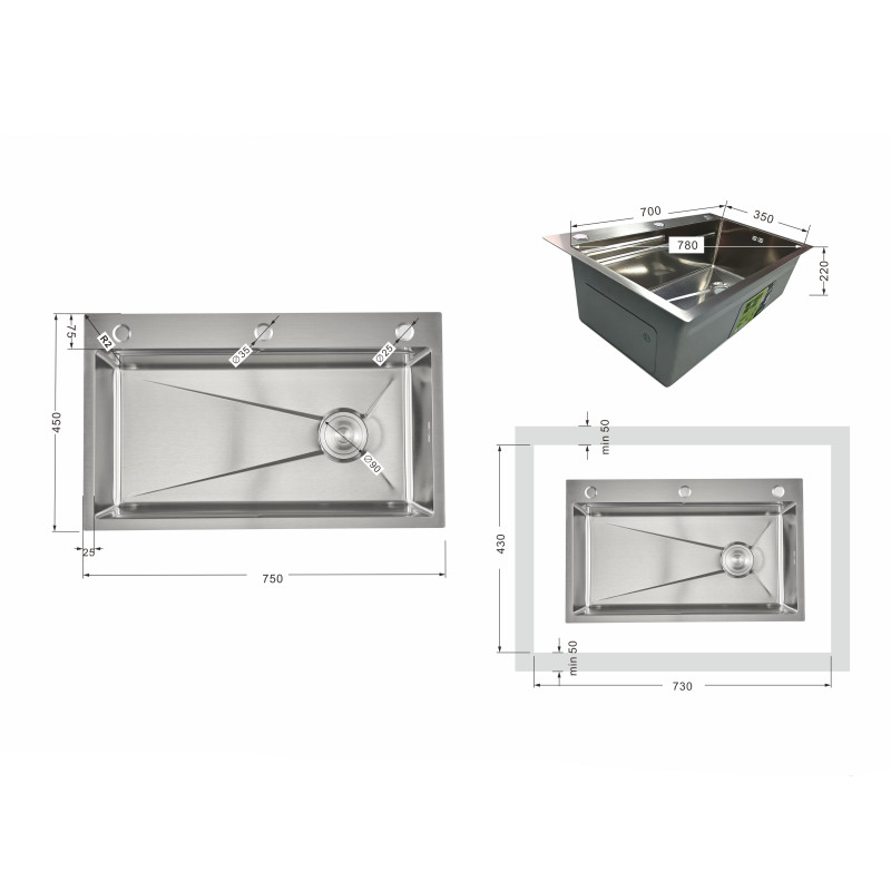 Мийка для кухні інтегрована Lidz Handmade H7545 Brushed Steel 3,0/1,0 мм LDH7545BRU49457 SD00055581