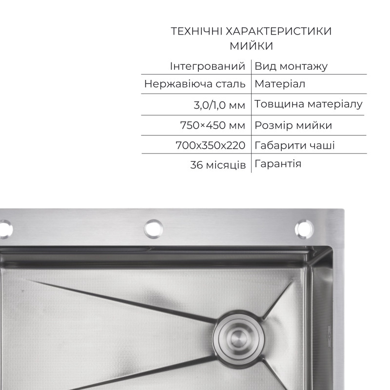Комплект Lidz Handmade H7545 Мийка для кухні інтегрована Decor Honeycomb LDH7545DEC48372 + Lidz (BLA) Подрібнювач для кухонного миття SD00055257