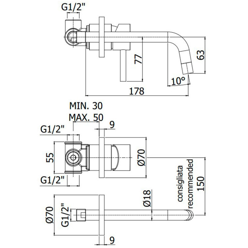 LIG006ST70 LIGHT Змішувач раковини, вилив 175 мм, сталь