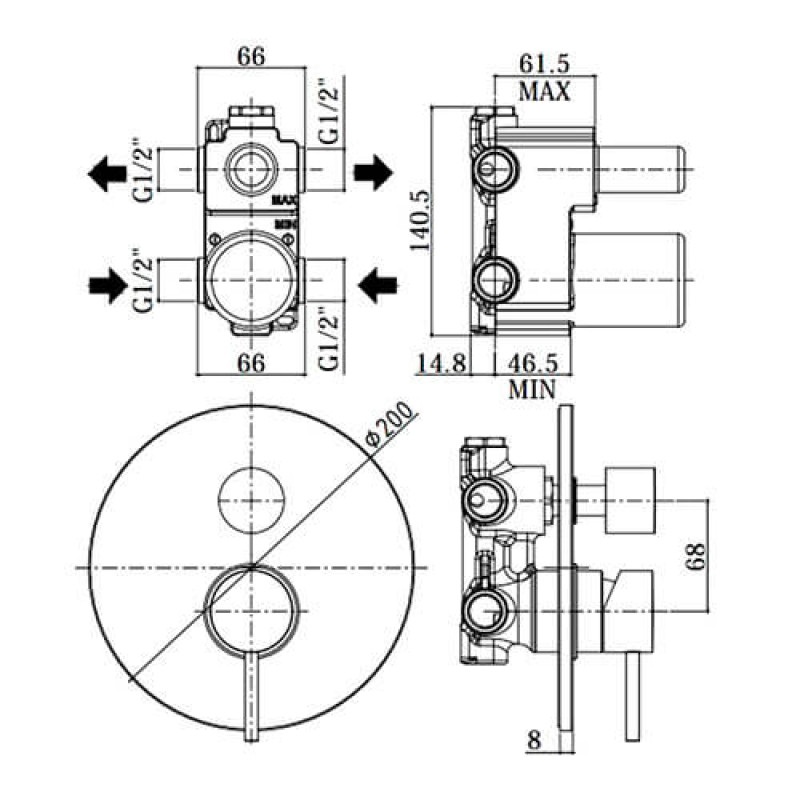 Paffoni Змішувач для душа Light LIG 019 NO на 3 виходу, з відвідним патроном, чорний матовий (LIG019NO)