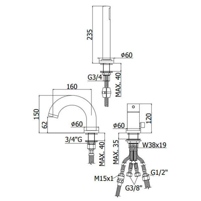 Paffoni Змішувач на борт ванни Light LIG 040 LCR з душовим гарнітуром, хром (LIG040LCR)