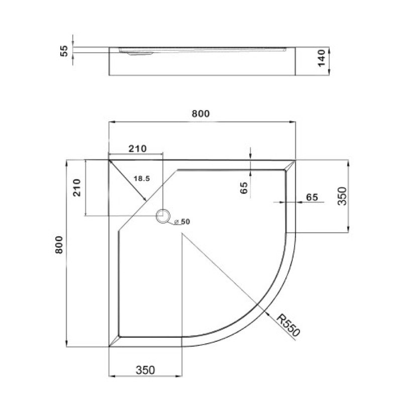 Lidz Лоток для душа KAPIELKA ST80x80x14 низкий, полукруглый, диаметр слива 52 мм.