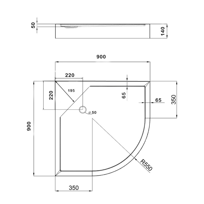 Душовий піддон Kapielka ST90x90x14 низький, напівкруглий, діаметр зливу 52 мм Lidz SD00050723