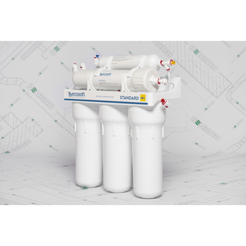 Фільтр зворотного осмосу Ecosoft Standard 5-50M PRO з мінералізатором, мембрана 50gpd, кран капля, дренаж 1:2 (MO550MECOSTD)