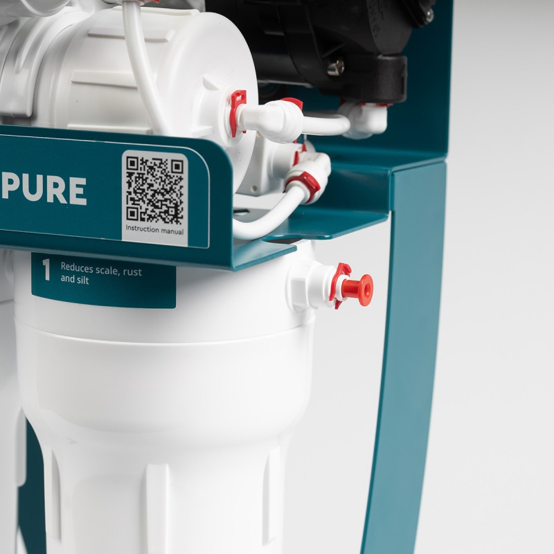 Фільтр зворотного осмосу Ecosoft P'URE Balance з помпою на станині, мембрана 75gpd DuPont, картридж Balance збагачує воду кальцієм і магнієм, дренаж 1:1 (MO675MBALPSECO)