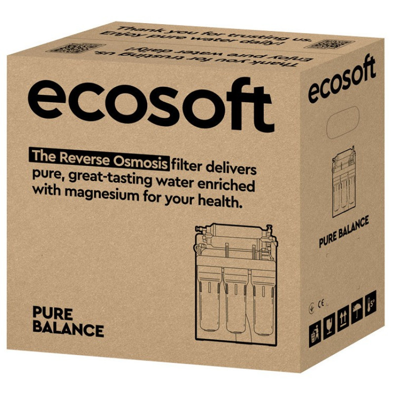 Фільтр зворотного осмосу Ecosoft P'URE Balance з помпою на станині, мембрана 75gpd DuPont, картридж Balance збагачує воду кальцієм і магнієм, дренаж 1:1 (MO675MBALPSECO)