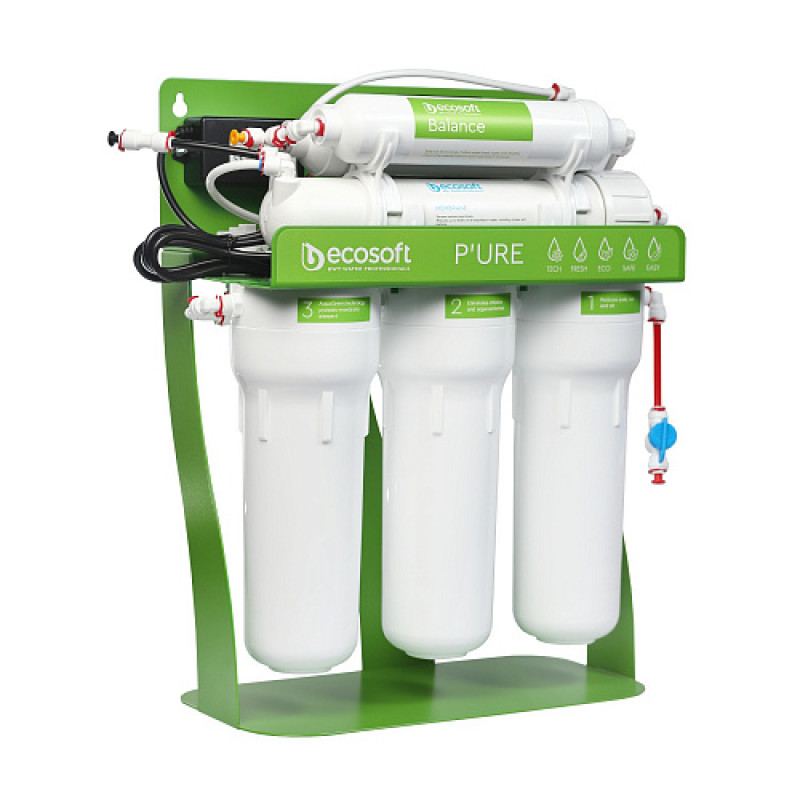 Фільтр зворотного осмосу Ecosoft P'URE Balance з помпою на станині, мембрана 75gpd DuPont, картридж Balance збагачує воду кальцієм і магнієм, дренаж 1:1 (MO675MBALPSECO)
