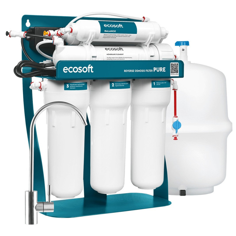 Фільтр зворотного осмосу Ecosoft P'URE Balance з помпою на станині, мембрана 75gpd DuPont, картридж Balance збагачує воду кальцієм і магнієм, дренаж 1:1 (MO675MBALPSECO)