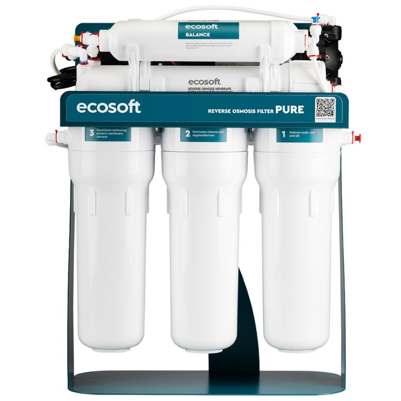 Фільтр зворотного осмосу Ecosoft P'URE Balance з помпою на станині, мембрана 75gpd DuPont, картридж Balance збагачує воду кальцієм і магнієм, дренаж 1:1 (MO675MBALPSECO)