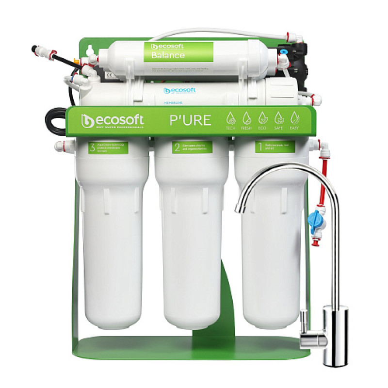 Фільтр зворотного осмосу Ecosoft P'URE Balance з помпою на станині, мембрана 75gpd DuPont, картридж Balance збагачує воду кальцієм і магнієм, дренаж 1:1 (MO675MBALPSECO)