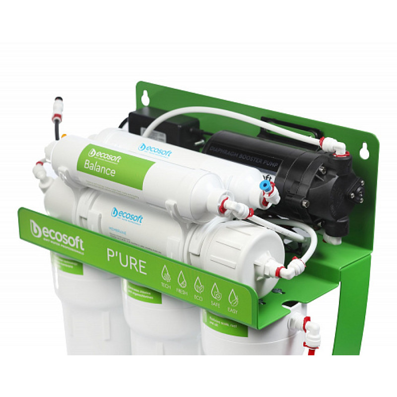Фільтр зворотного осмосу Ecosoft P'URE Balance з помпою на станині, мембрана 75gpd DuPont, картридж Balance збагачує воду кальцієм і магнієм, дренаж 1:1 (MO675MBALPSECO)