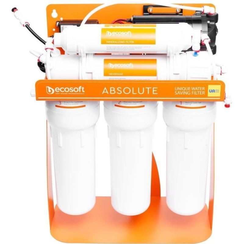 Фільтр зворотного осмосу Ecosoft Absolute з мінералізатором та помпою на станині, мембрана 75gpd DuPont, дренаж 1:1 (MO675MPSECO)