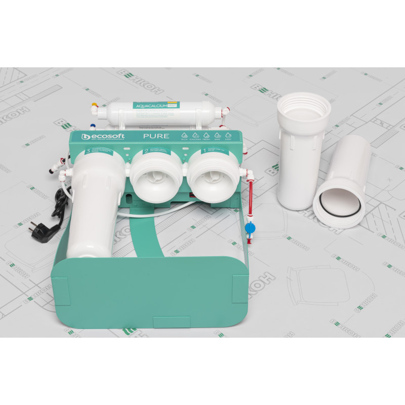 Фільтр зворотного осмосу Ecosoft P’URE AQUACALCIUM Mint з помпою на станині, мембрана 75gpd DuPont, картридж AquaCalcium збагачує мінералами, дренаж 1:1 (MO675PSMACECO)