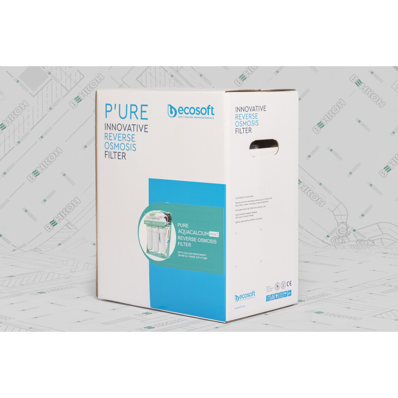 Фільтр зворотного осмосу Ecosoft P’URE AQUACALCIUM Mint з помпою на станині, мембрана 75gpd DuPont, картридж AquaCalcium збагачує мінералами, дренаж 1:1 (MO675PSMACECO)
