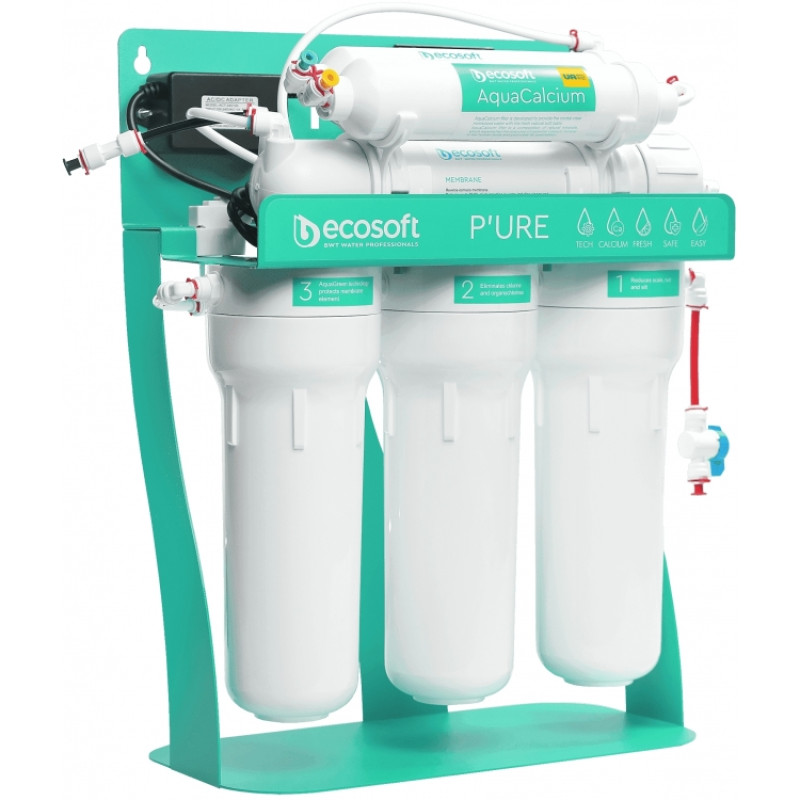Фільтр зворотного осмосу Ecosoft P’URE AQUACALCIUM Mint з помпою на станині, мембрана 75gpd DuPont, картридж AquaCalcium збагачує мінералами, дренаж 1:1 (MO675PSMACECO)