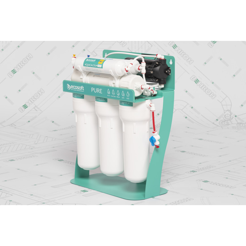 Фільтр зворотного осмосу Ecosoft P’URE AQUACALCIUM Mint з помпою на станині, мембрана 75gpd DuPont, картридж AquaCalcium збагачує мінералами, дренаж 1:1 (MO675PSMACECO)