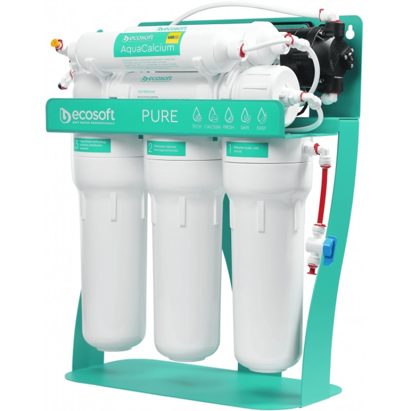 Фільтр зворотного осмосу Ecosoft P’URE AQUACALCIUM Mint з помпою на станині, мембрана 75gpd DuPont, картридж AquaCalcium збагачує мінералами, дренаж 1:1 (MO675PSMACECO)