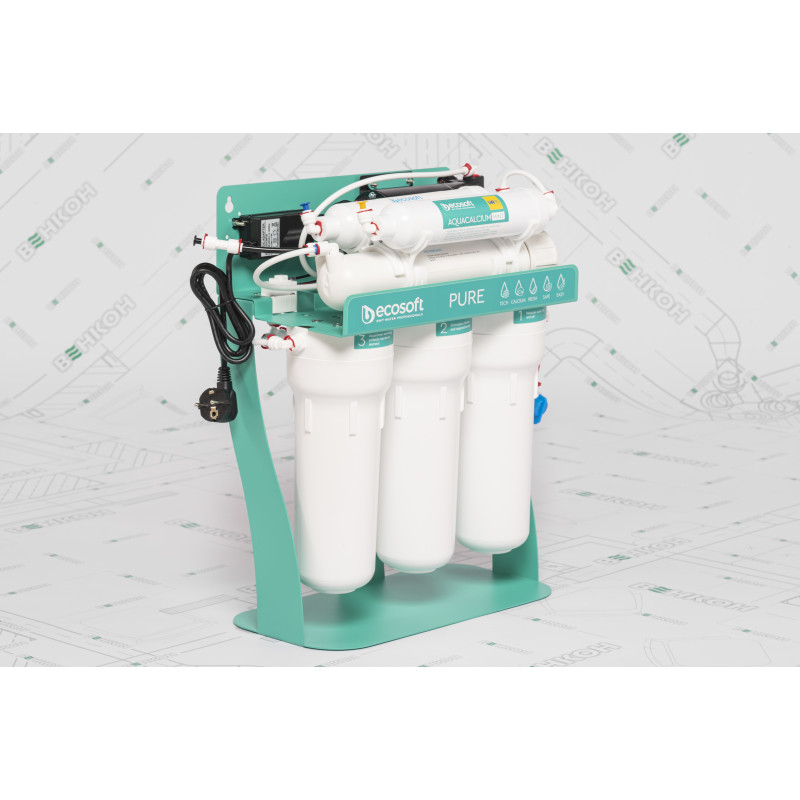 Фільтр зворотного осмосу Ecosoft P’URE AQUACALCIUM Mint з помпою на станині, мембрана 75gpd DuPont, картридж AquaCalcium збагачує мінералами, дренаж 1:1 (MO675PSMACECO)