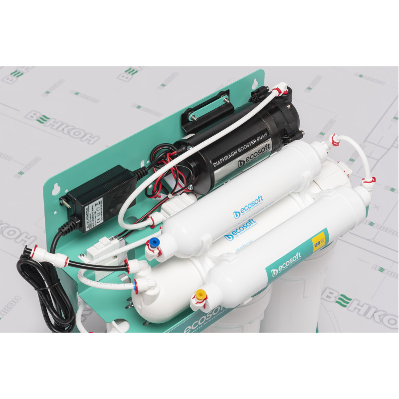 Фільтр зворотного осмосу Ecosoft P’URE AQUACALCIUM Mint з помпою на станині, мембрана 75gpd DuPont, картридж AquaCalcium збагачує мінералами, дренаж 1:1 (MO675PSMACECO)