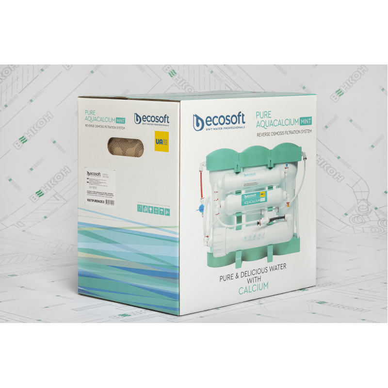 Фільтр зворотного осмосу Ecosoft P’URE AQUACALCIUM Mint, мембрана 75gpd DuPont, картридж AquaCalcium збагачує мінералами, дренаж 1:1 (MO675PUREMACECO)