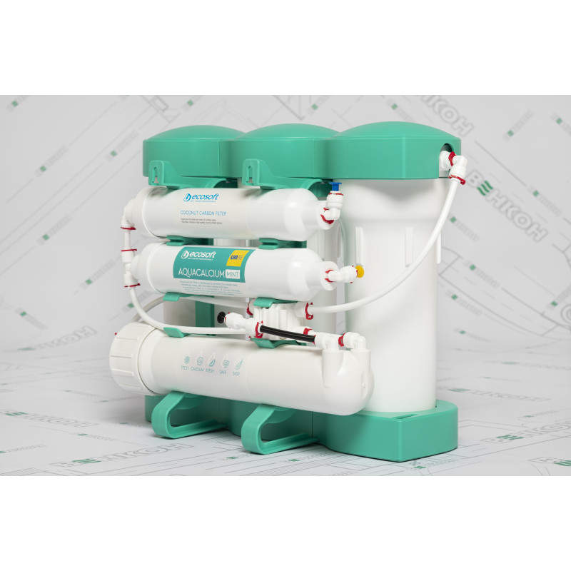 Фільтр зворотного осмосу Ecosoft P’URE AQUACALCIUM Mint, мембрана 75gpd DuPont, картридж AquaCalcium збагачує мінералами, дренаж 1:1 (MO675PUREMACECO)