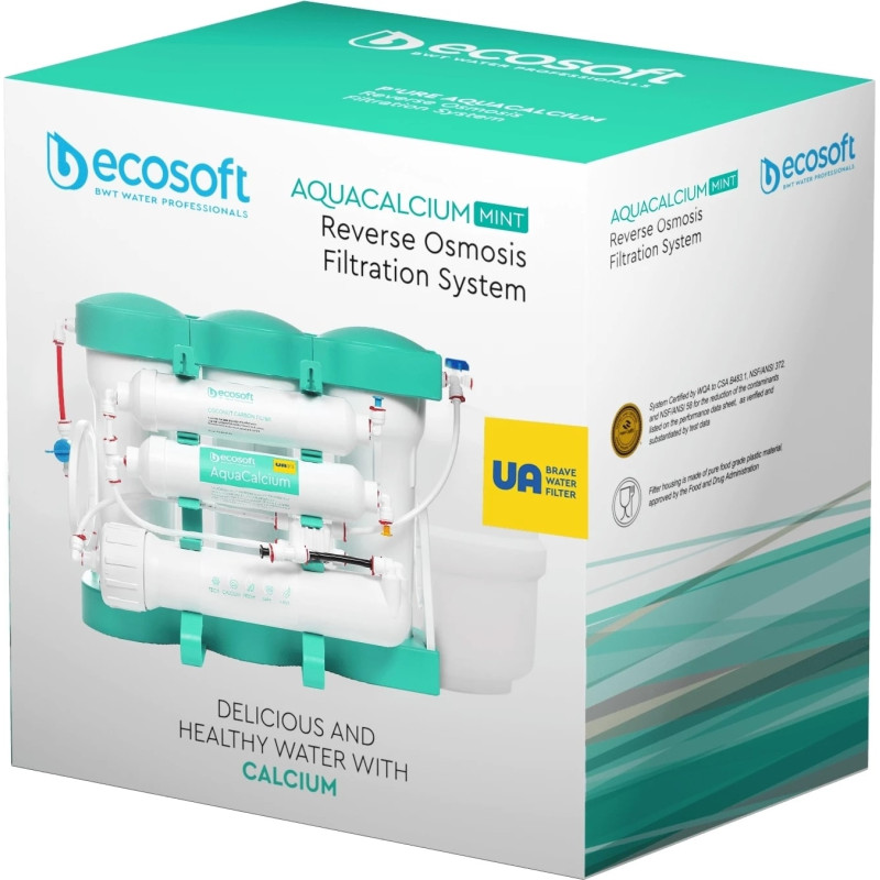 Фільтр зворотного осмосу Ecosoft P’URE AQUACALCIUM Mint, мембрана 75gpd DuPont, картридж AquaCalcium збагачує мінералами, дренаж 1:1 (MO675PUREMACECO)