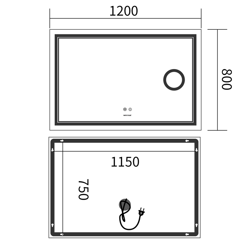 Дзеркало Mixxus Premium QUADRO MR20-120x80 з Led Touch, Anti-fog, димером, регулятором яскравості,