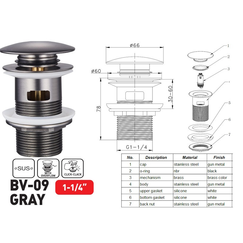 Донный клапан для раковины с переливом Zerix BV-09 GRAY 1 1/4