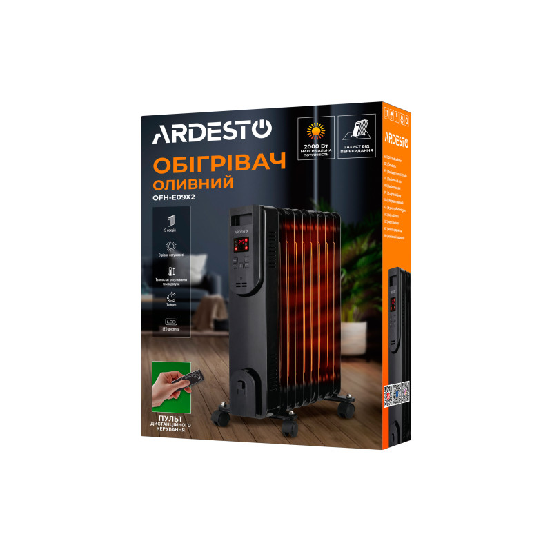 ARDESTO Обігрівач оливний, 20м2, 2000Вт, електр. упр-ння, 9 секцій, пульт ДК, чорний (OFH-E09X2)
