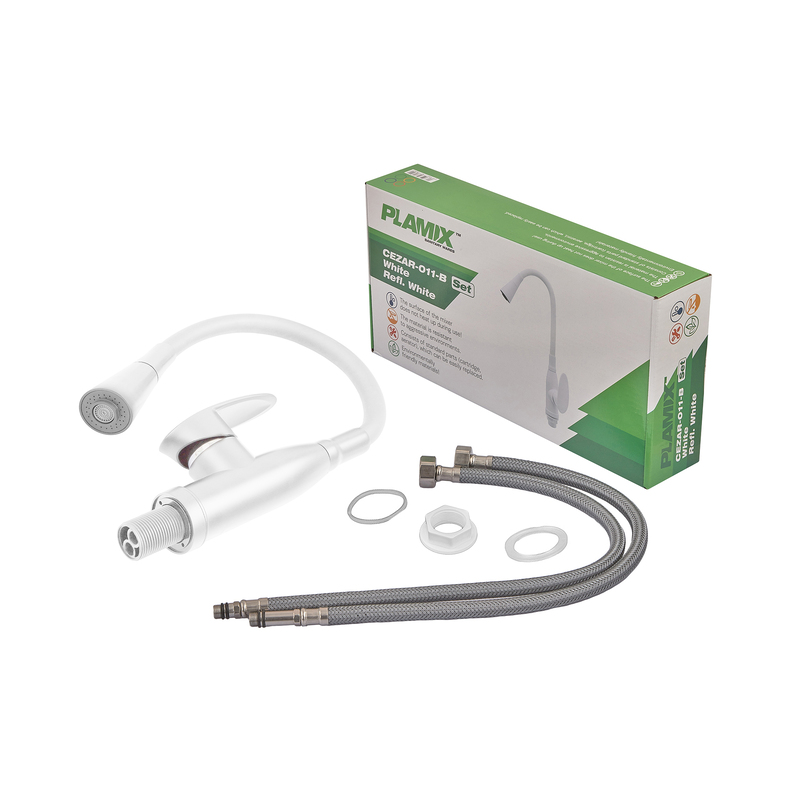 Змішувач для кухні PLAMIX CEZAR-011-B SET WHITE REFL.WHITE з силіконовим виливом, з підведенням (PM0718)