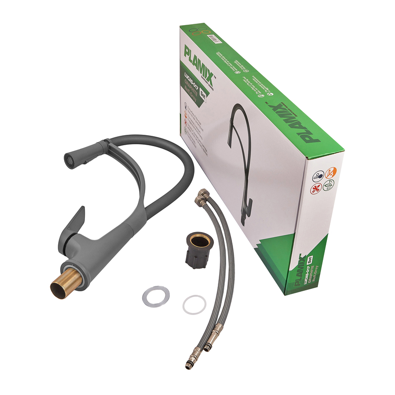 Змішувач для кухні Plamix Lucas-017 SET Graphite Refl.Grey з підведенням (Колір графіт+сил.вилив сірий) (PM0723)