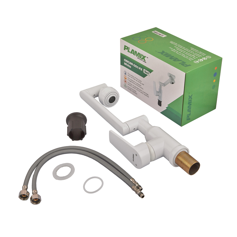 Змішувач для умивальника з регульованим виливом Plamix Oscar-001-FX SET White (з підведенням) (Колір білий) (PM6105)
