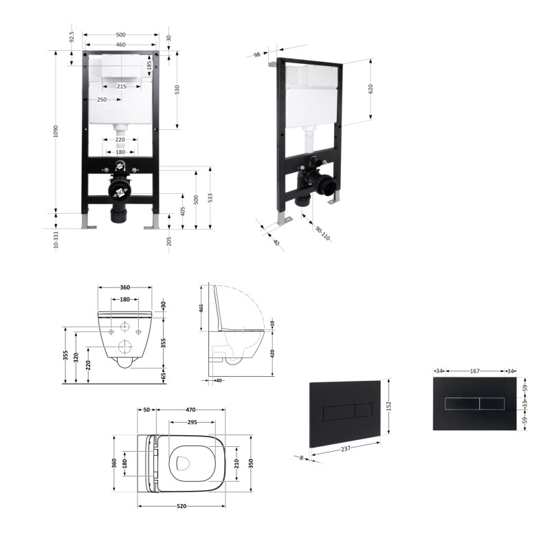Готове рішення Qtap для ванної кімнати: підвісний унітаз Crow Rimless 520x360x290 + комплект інсталяції Standard (лінійна клавіша Black) SD00057750